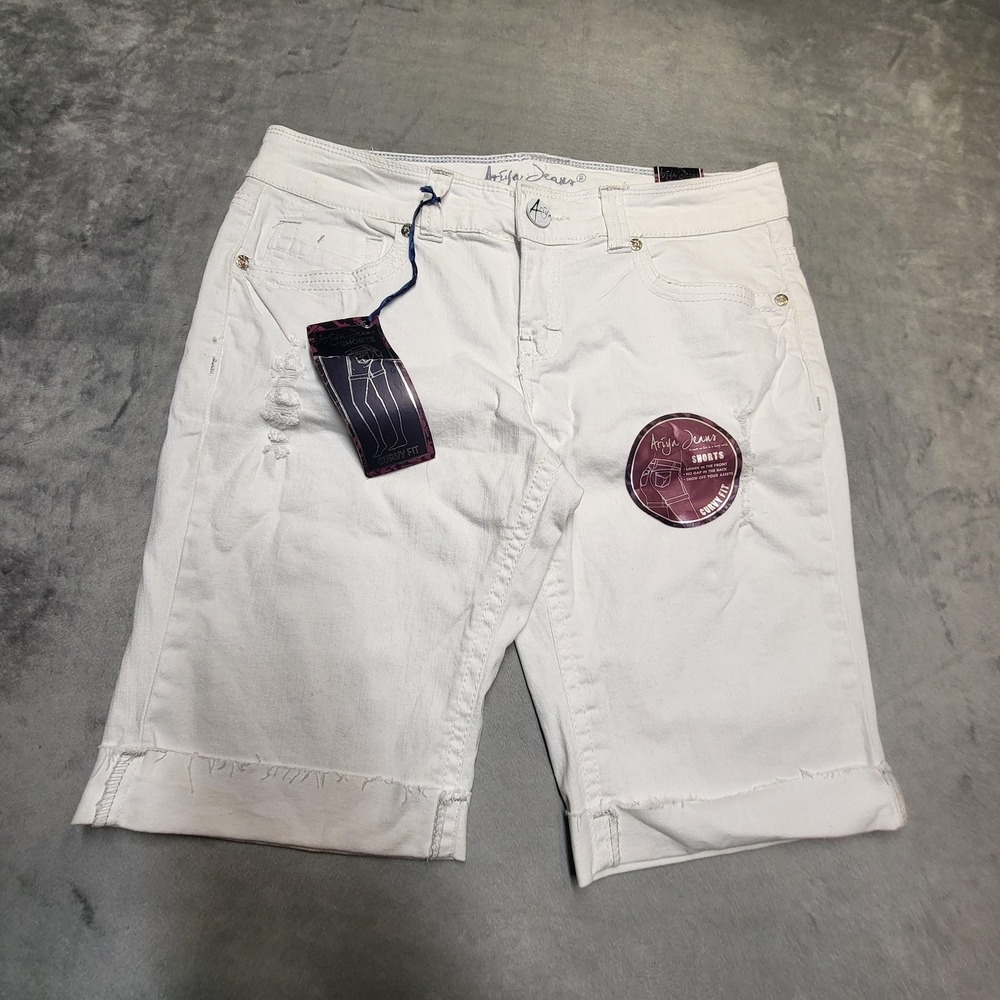 Ariya Jeans Shorts Womens 14 White Bermuda Curvy Fit Distressed Cotton